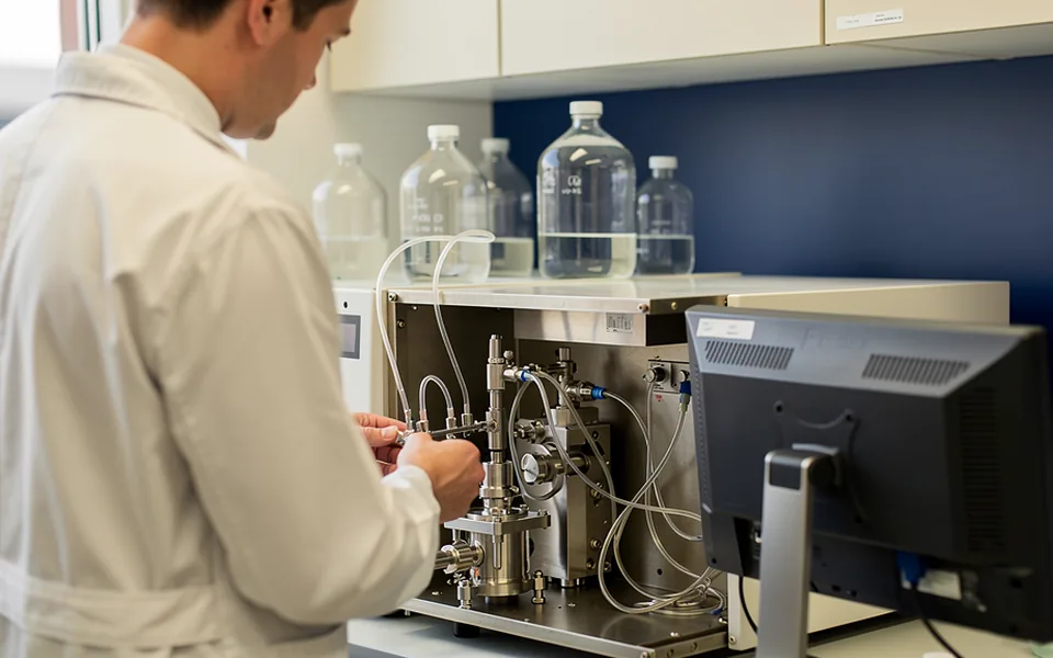 A technician examining the steel capillary lines inside an open liquid chromatography instrument