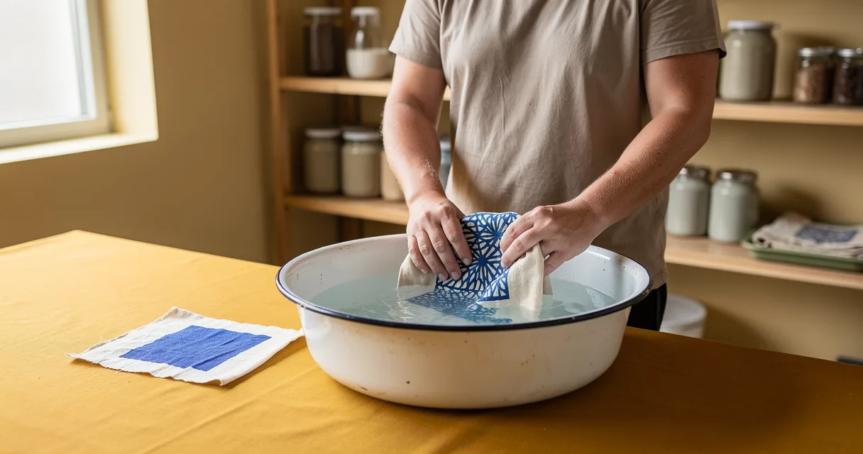 An adult textile worker rinsing a blue geometric impression from pale cloth in a white basin