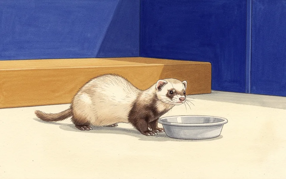 A ferret beside a feeding bowl in a spacious pale observation enclosure