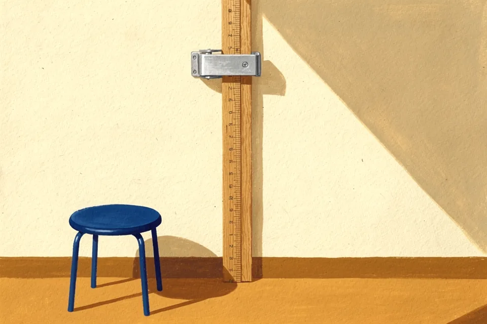 An empty mechanical height gauge beside a cream wall with a long afternoon shadow