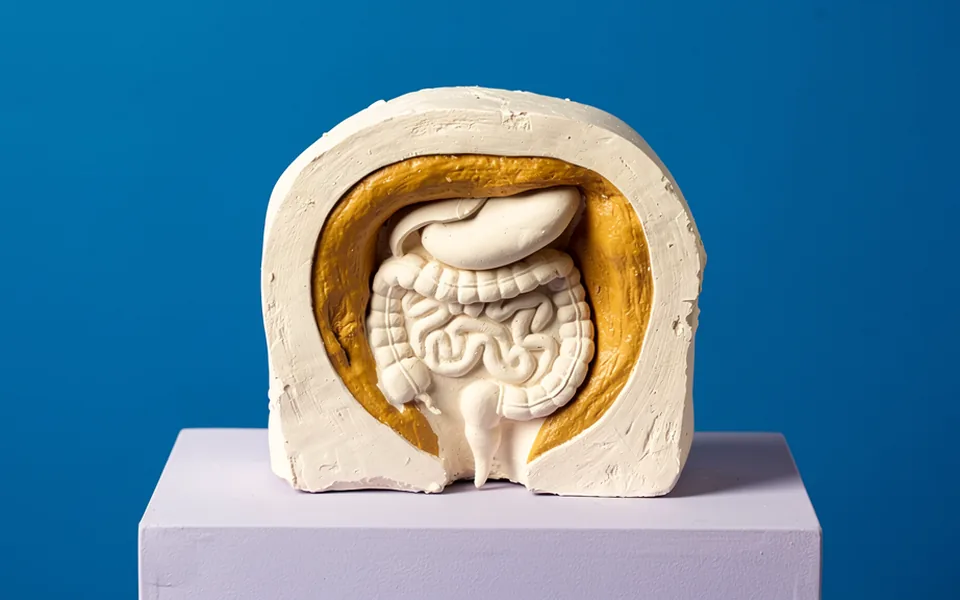 A cutaway plaster abdomen model showing an inner ochre fat compartment around pale organs